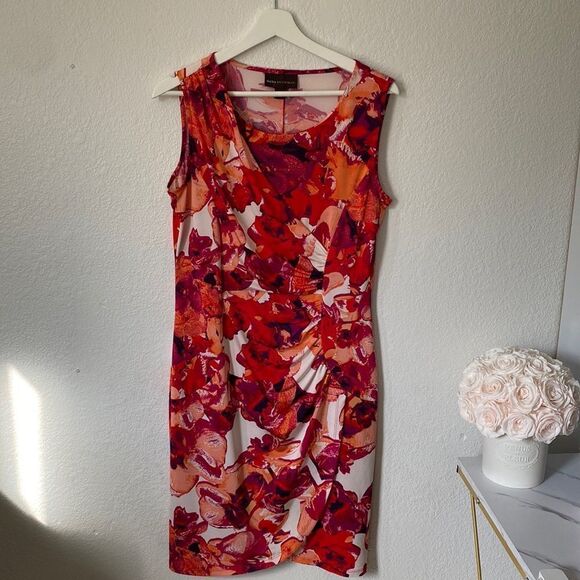 Dana Buchman Orange Red Vibrant Ruched Floral Print Sleeveless Dress - Picture 1 of 5